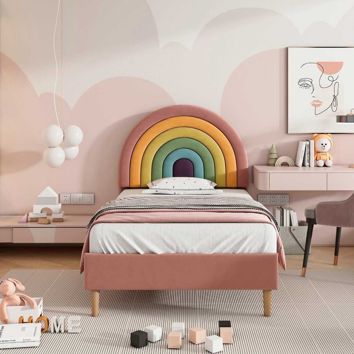 VVBV Gestoffeerd Kinderbed 90x200 cm - Lattenbodem, Verstelbaar Hoofdbord, Voor Kinderen/Tieners - Hout/Fluweel Roze