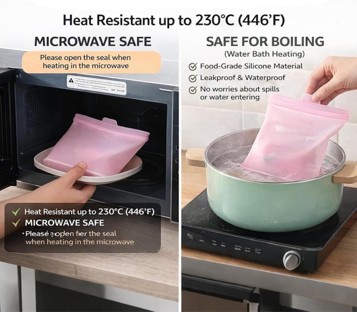Siliconen Voedselzak – Voedsel Opslag zakjes - 3 Stuks – Herbruikbaar – Luchtdicht – Magnetronbestendig – Diepvriesbestendig – Afwasbaar – Met Stevige Kliksluiting & Handvat – 1500 ml – Transparant, Lichtblauw, Lichtroze — cadeau in Cadeau-ideeën - foto 6
