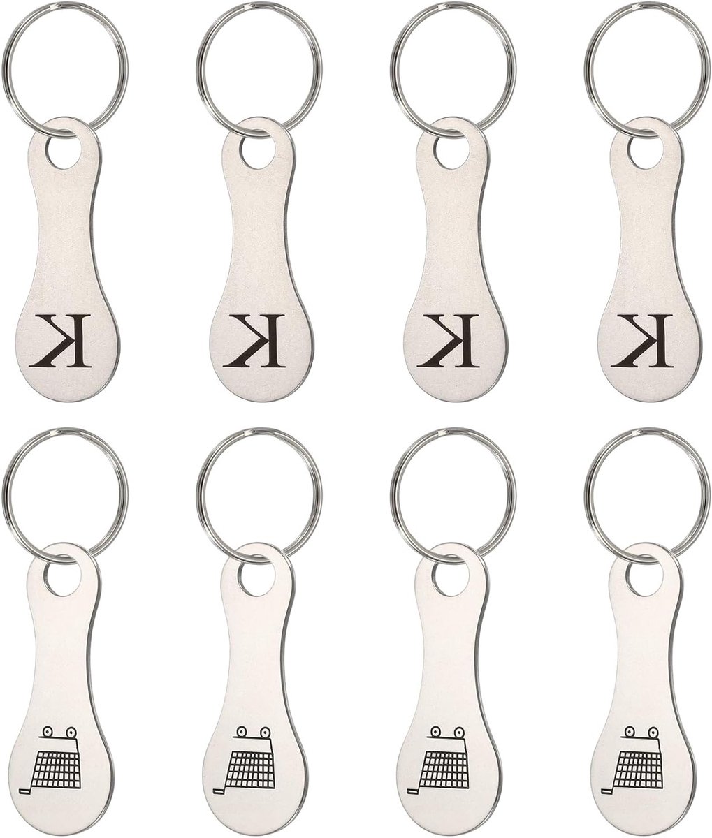 Roestvrijstalen boodschappentrolley munt - 8 stuks metalen kwarthouder sleutelhanger voor supermarkten, zilverkleurig met gegraveerde letter K en uniek patroon