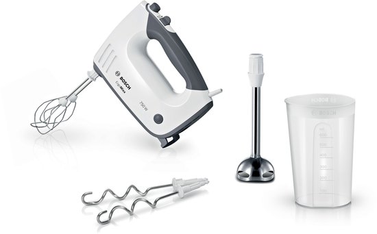 Witte Bosch ErgoMixx handmixer van 750W met accessoires: pureestamper, garde en maatbeker.