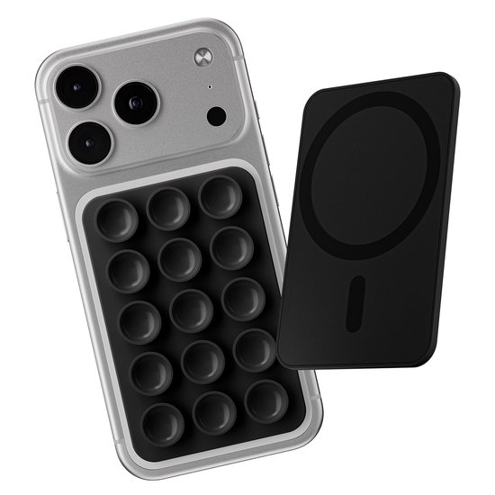 Coque de téléphone argentée avec 16 ventouses noires à côté d'un accessoire noir compatible MagSafe.