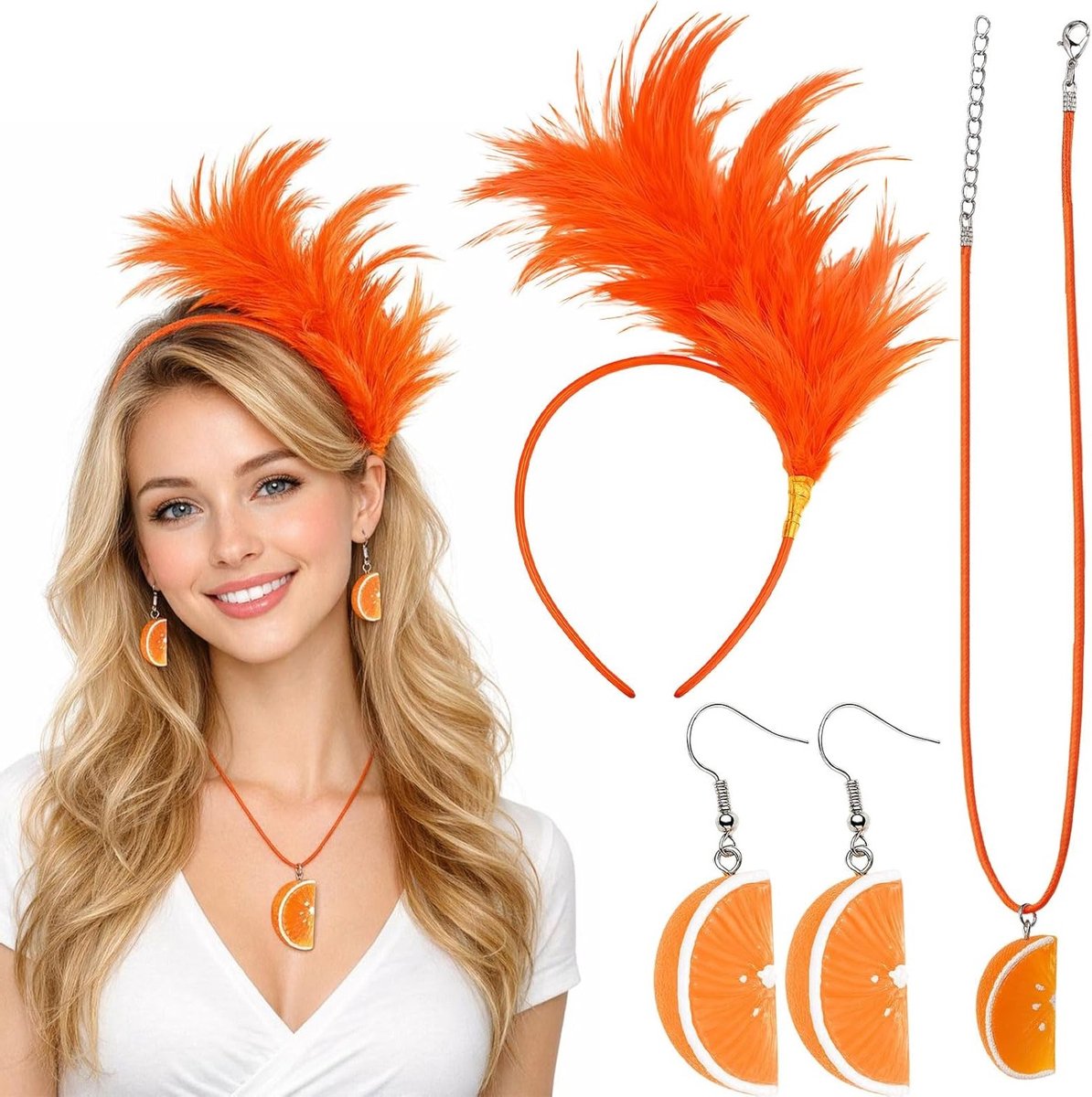 Aperol Kostuum Haarband voor Dames met Veren, Oranje Oorbellen en Ketting voor Carnaval en Halloween Feestjes