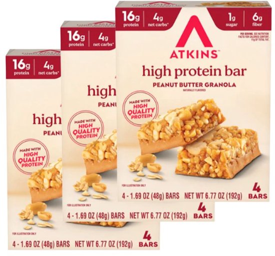Drie Atkins repen met pindakaas granaatsmaak, 16g eiwit per reep. Gemaakt met hoogwaardige eiwitten.