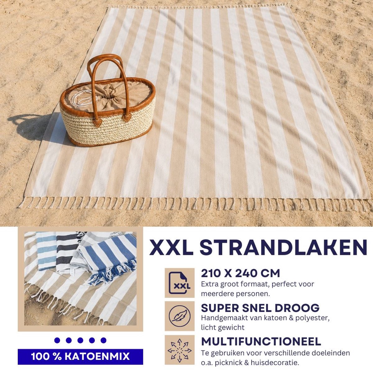Luxe XXL 240 x 210 cm Hamamdoek- XXL Groot Vakantie Strandlaken -tweepersoons Strandkleed - Katoenmix - Beige Wit Gestreept aesthetic - Sneldrogende Strandlakens - Bedsprei extra groot