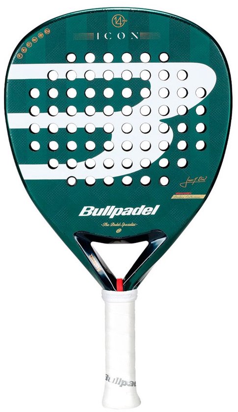 Raquette de padel vert foncé avec des rayures blanches, le logo Bullpadel et le mot 'ICON'.