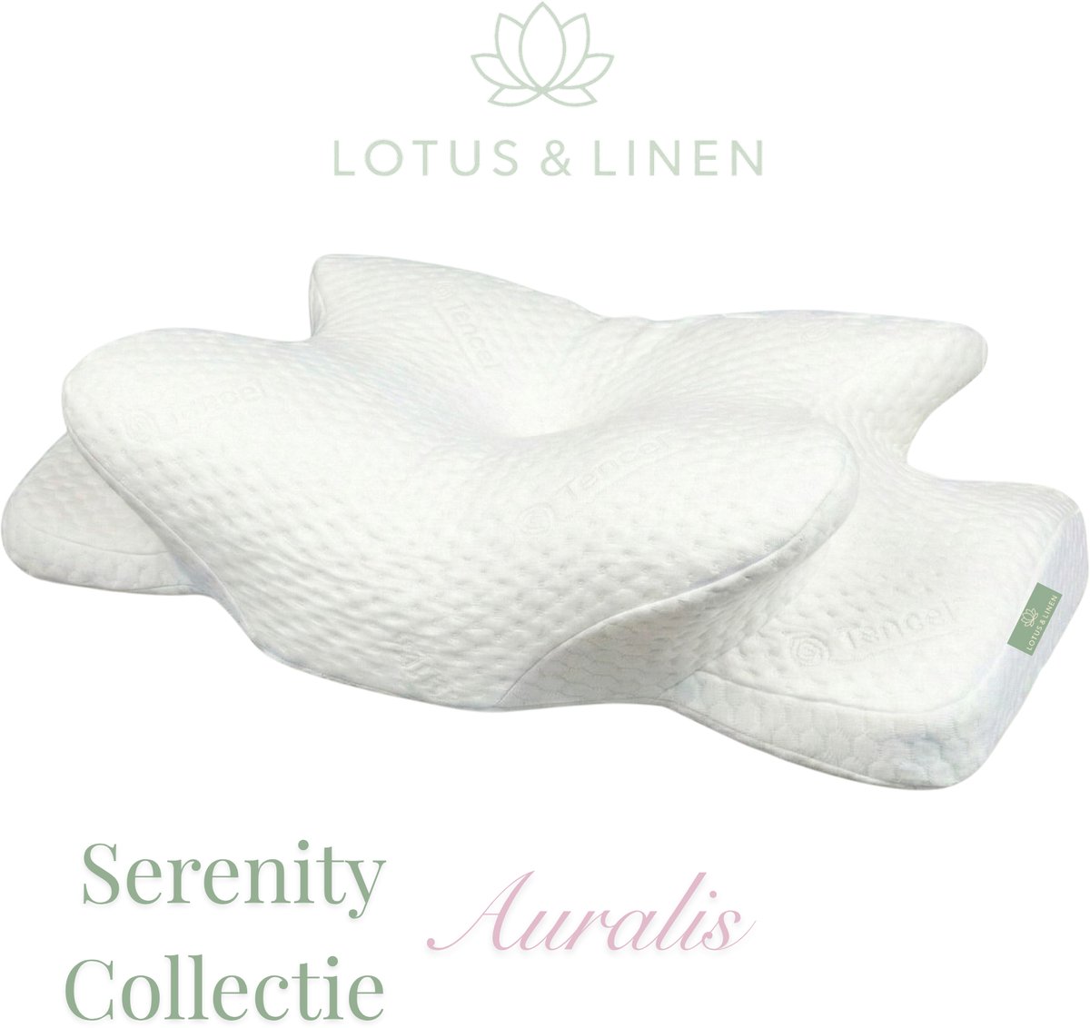 Lotus & Linen Serenity Collectie - Auralis Vlinder Traagschuim Hoofdkussen - Ergonomisch - Orthopedisch - Anti Nekklachten -Anti Snurk - Antiallergisch Tencel Hoes - Premium Memory Foam Pillow - 65x39x13/11 cm