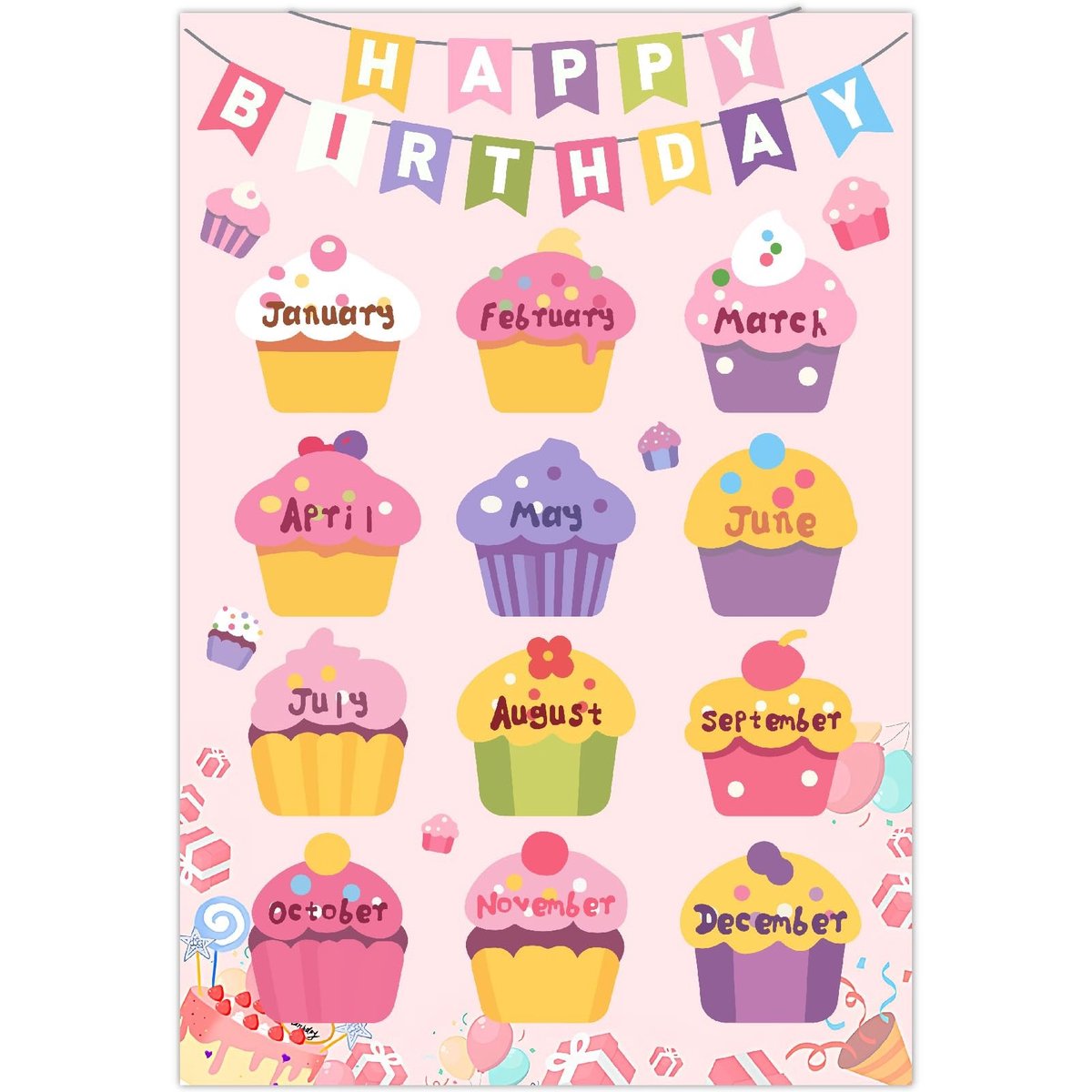 ONF3 - Happy Birthday Kalender Poster - Herbruikbaar ontwerp - Cupcake stijl - Perfect voor klaskamers - Decoratie voor verjaardagen - Onderwijs...