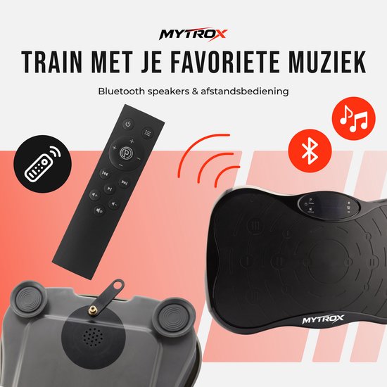 Zwarte Mytrox trilplaat met afstandsbediening en Bluetooth-icoon.