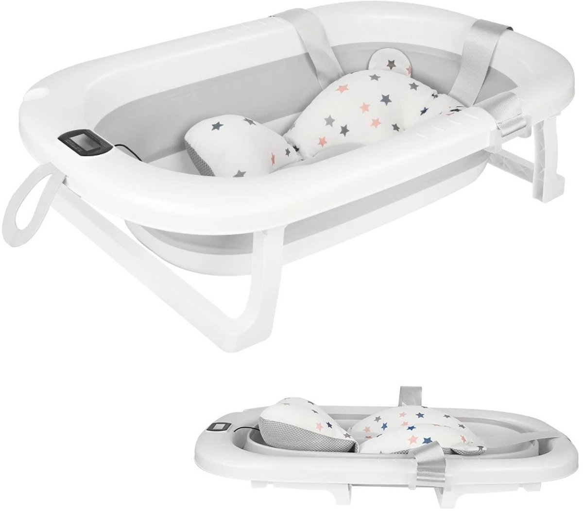 Cherrys Finds - Opvouwbaar Babybad - Baby bad - Babybad - Babybadje Met Thermometer - Draagbaar Baby Bad - Met Zachte Badmat - Voor Baby's Van 0-36 Maanden - Grijs