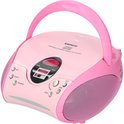 Roze Lenco draagbare stereo radio CD-speler met handvat omhoog.