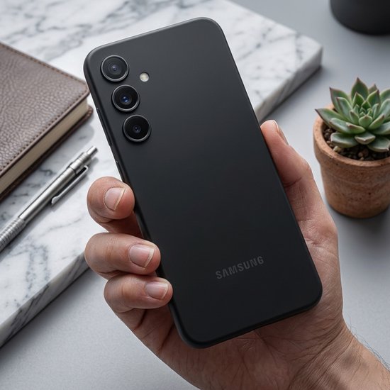 Hand die een zwarte Samsung Galaxy A35 5G vasthoudt, met siliconen hoes met drie camera-uitsparingen.