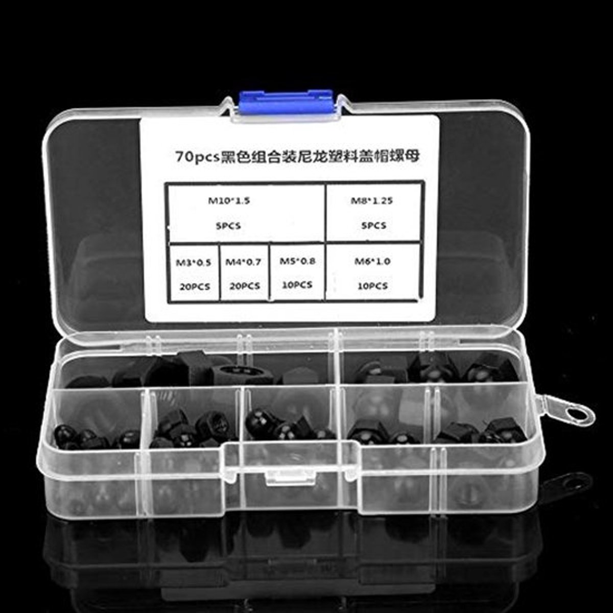 Set van 70 stuks koepelmoeren M3/M4/M5/M6/M8/M10 - holle zeskant nylon klemmoeren (zwart)