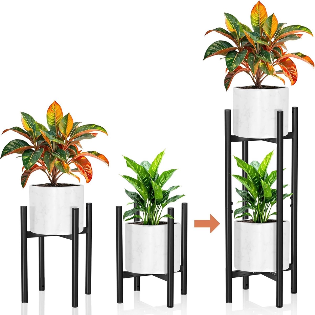Famanu – 2-delige set verstelbare plantenstandaards van zwart metaal, 20-30 cm breedte, 4 hoogteopties, ideaal voor binnen en buiten