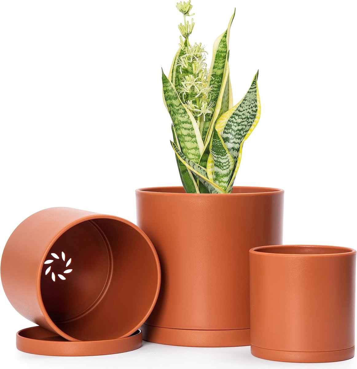 Famanu – Set van 3 minimalistische cilinder plantenpotten, 4" 5" 6", terracotta kleur, met drainagegat en schotels