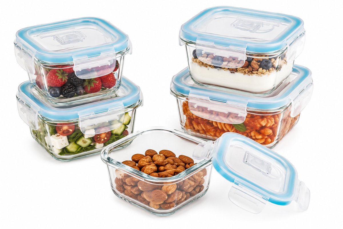 Set van 5 Kristalglas Lunchboxen – 330 ml Vershoudbakjes met Lichtblauw Randje – Glazen Lunchbox voor Salade, Snacks of Meal Prep – 12 x 12 x 6,5 cm