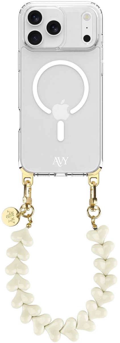 AVY Hoesje geschikt voor Apple iPhone 17 Pro | Compatibel met MagSafe | Clear Case met Telefoonkoord 30CM | Polsband Cupid Beige