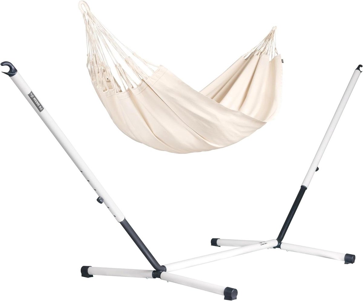 Hangmat met Standaard - Staande Hangmat Dubbele Hangmat - Buiten Ontspannen - Gelijkmatige Gewichtsverdeling - 260 x 180 cm - Latte