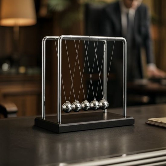 MikaMax Newton Cradle XL - Houten Voet - Metalen Frame - Newton Pendel - Newton Ballen - Ballanceerballen