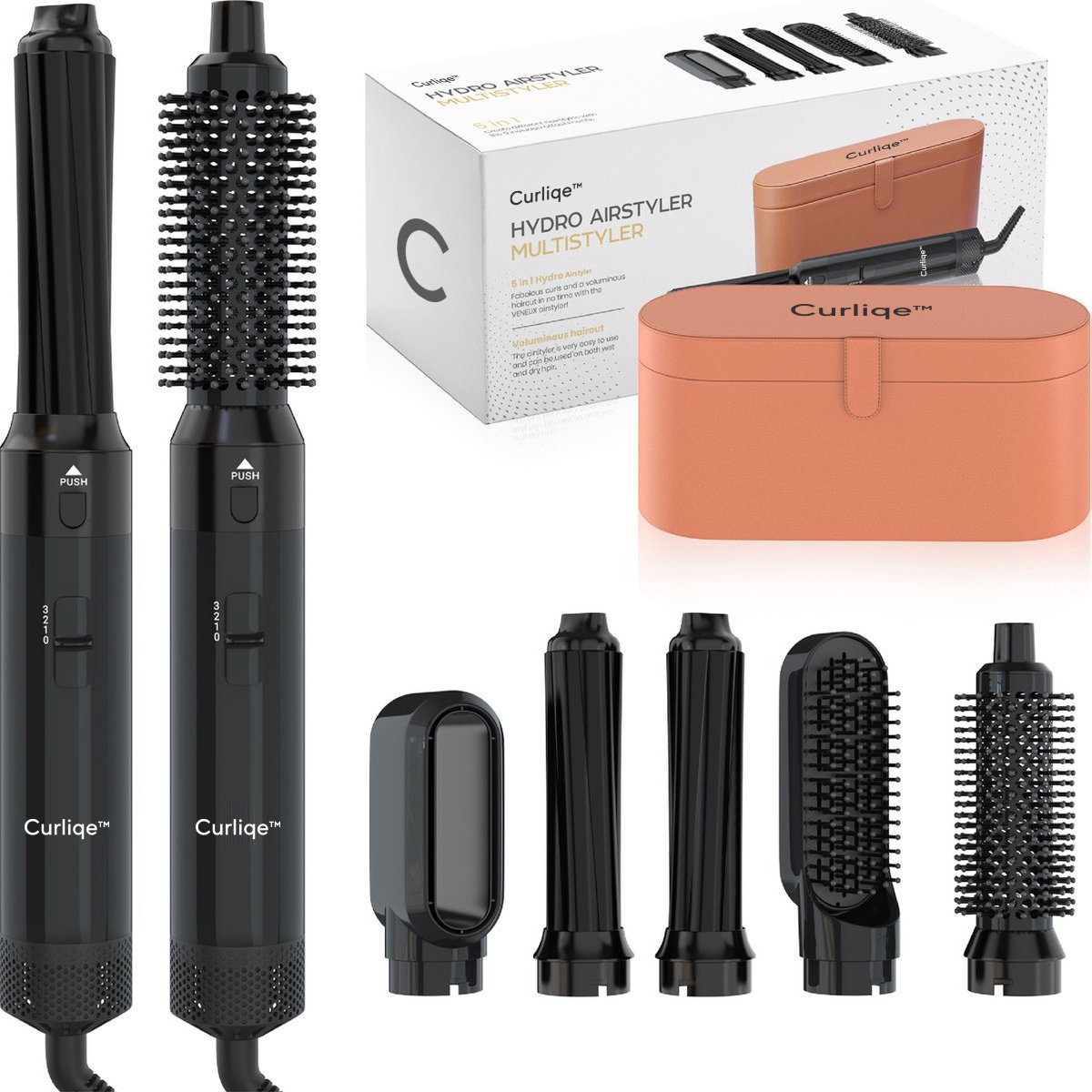 Curliqe™ Föhnborstel - Airstyler - Krulborstel - Krultangen - 5 in 1 Multistyler - Met Opbergcase - Zwart