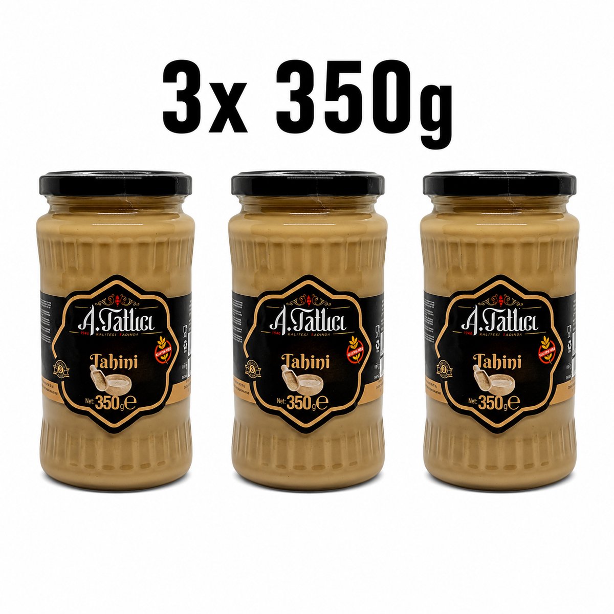 Abdurrahman Tatlici Tahin 100% Sesampasta – Glutenvrij Tahini & Zonder Toevoegingen – 3x 350g Glazen Pot | Rijk aan Calcium & Plantaardige Eiwitten