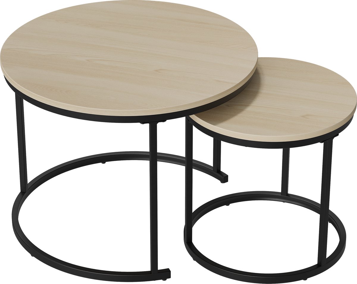 Salontafel Set van 2 – Bijzettafels / Nesttafels - Rond – 60x60x45 & 40x40x40 cm – Moderne Bijzettafels - Geschikt voor de woonkamer, slaapkamer en het balkon - Licht Eiken Hout