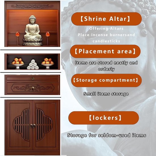 Meditatie Altaar Tafel - Boeddhistische Kast - Rituele Ruimte Creëren - Met Dubbele Deuren - 68 cm - Walnoot — afbeelding 3