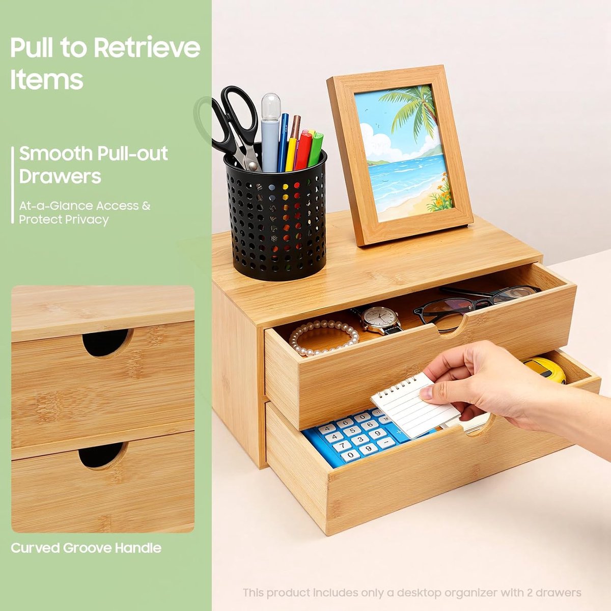 Bureau Organizer - Opbergdoos Lade - Kantoor Organiseren - Natuurlijke Bamboe Look - 2 Laden - Natuurlijk — cadeau in Wonen & Interieur - foto 8