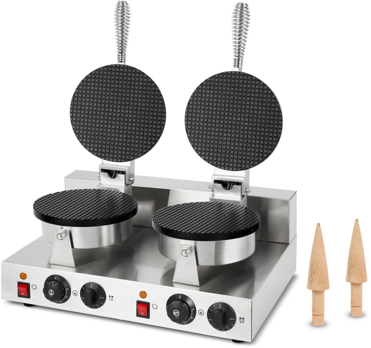 VERTES Dubbel Wafelijzer, IJshoorntjesmaker, 48 stuks per uur, Conisch, Instelbare temperatuur 0-300°C, Timer, Teflon-coating, Gietijzeren hoorntjesmaker met roestvrijstalen behuizing, 2000 W