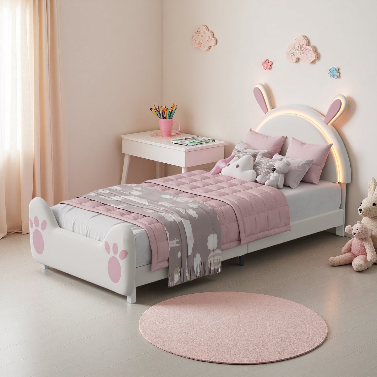 ROSAHQNDA kinderbed - 90x200cm - eenpersoonsbed met LED - meisjesbed - schattig konijnendesign - houten lattenbodem - fluwelen stof - geen matras Roze + Wit