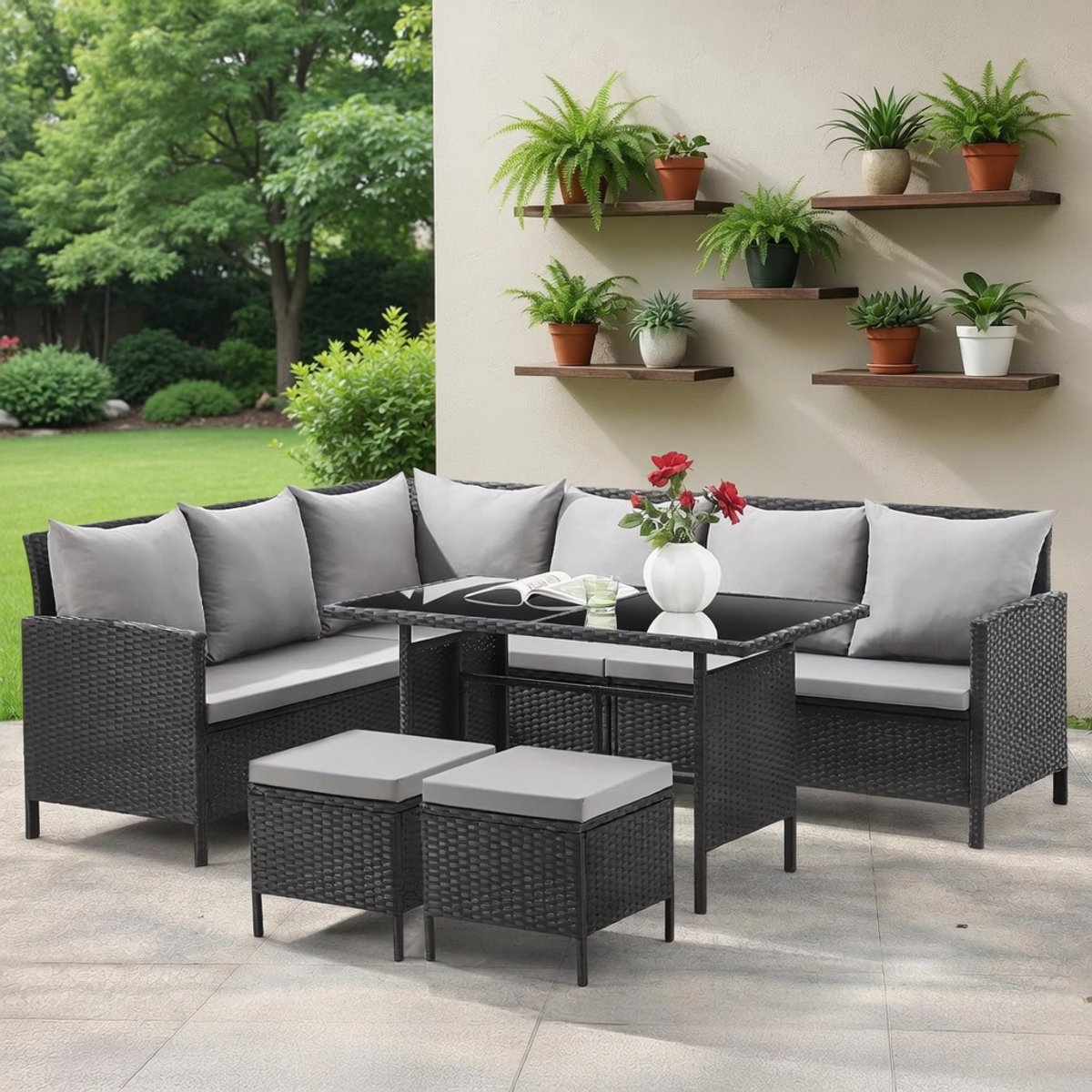 Royal XL L-Vormige Polyrotan Hoekloungeset Zwart met Glazen Eettafel & Grijze Kussens | Grote 5+ Persoons Tuinhoekset Weerbestendig voor Tuin & Terras | Moderne Rotan Dinerlounge - Industrohome