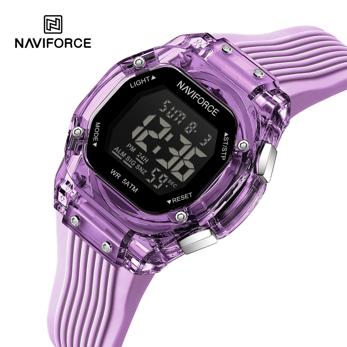 NAVIFORCE horloge met paarse siliconen polsband, zwarte wijzerplaat en paarse horlogekast voor jongens en meisjes met stijl ( model 6114 PEPE )