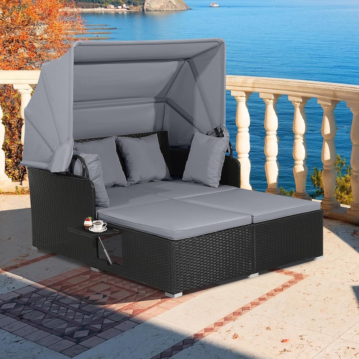 Dubbele Ligstoel 165x153x138 cm met Zonnedak en Kussens – Luxe Tuinligbed voor 2 Personen met Opklapbare Tafels – Rotan Outdoor Daybed Grijs – Urbanhome