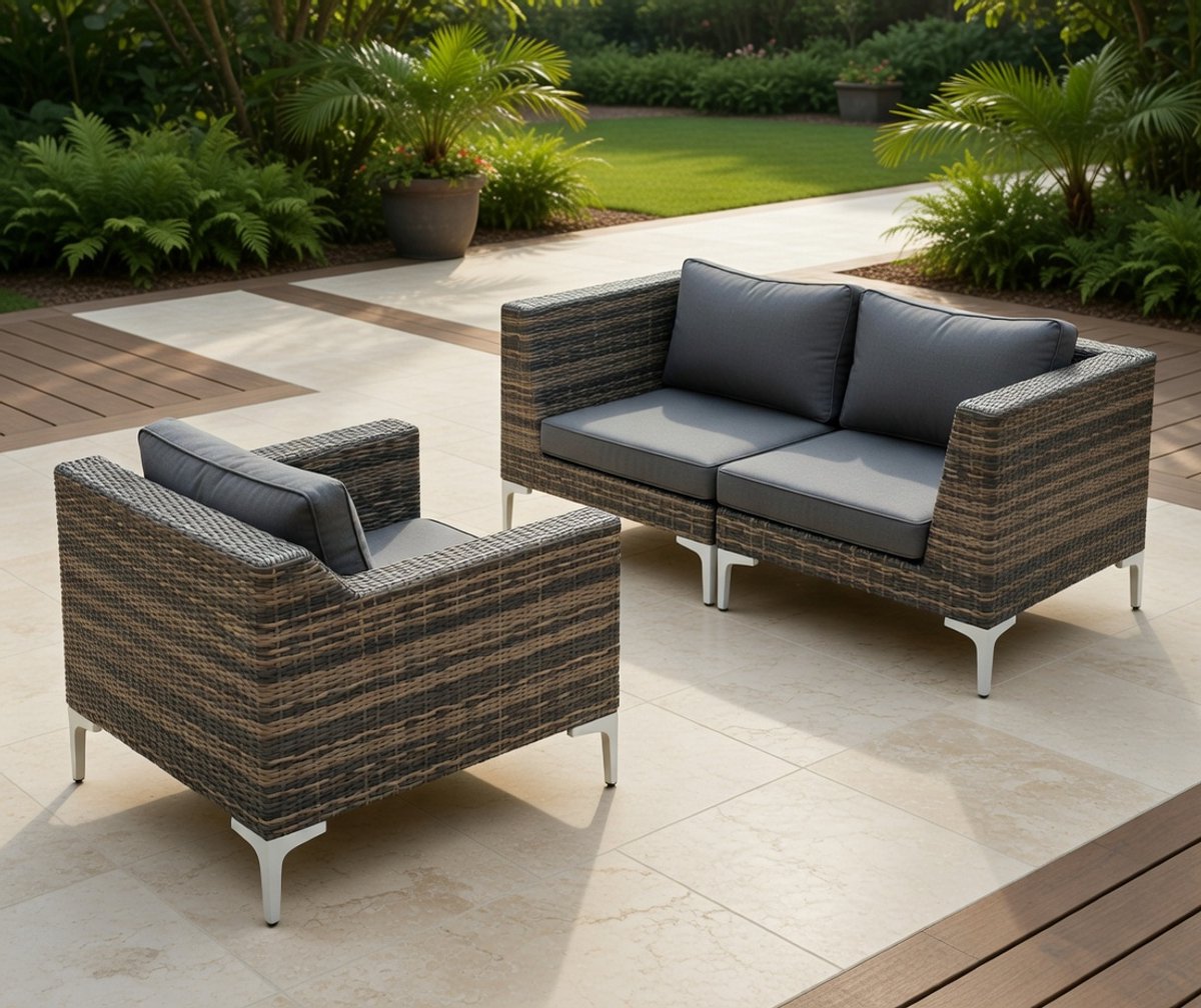 Luxe Modular Wicker Loungeset voor Balkon en Tuin – 2 Hoekelementen + Lounge Stoel – Weerbestendig Aluminium & Polyrattan – Inclusief Zit- en Rugkussens – Grote Outdoor Lounge SetMedahomestore