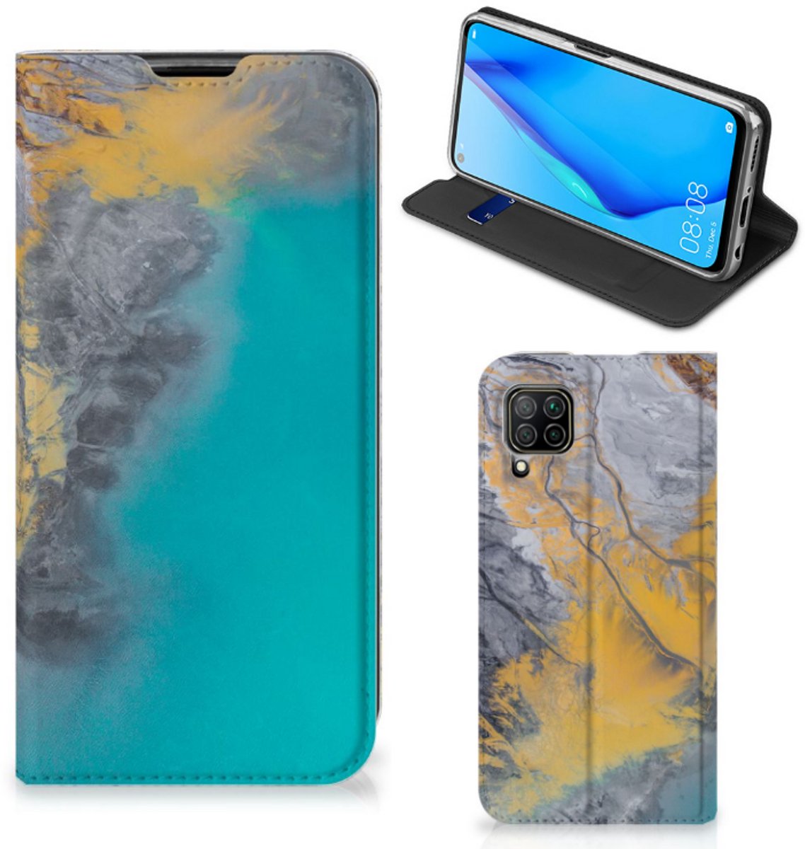 Huawei P40 Lite Standcase Marble Blue Gold