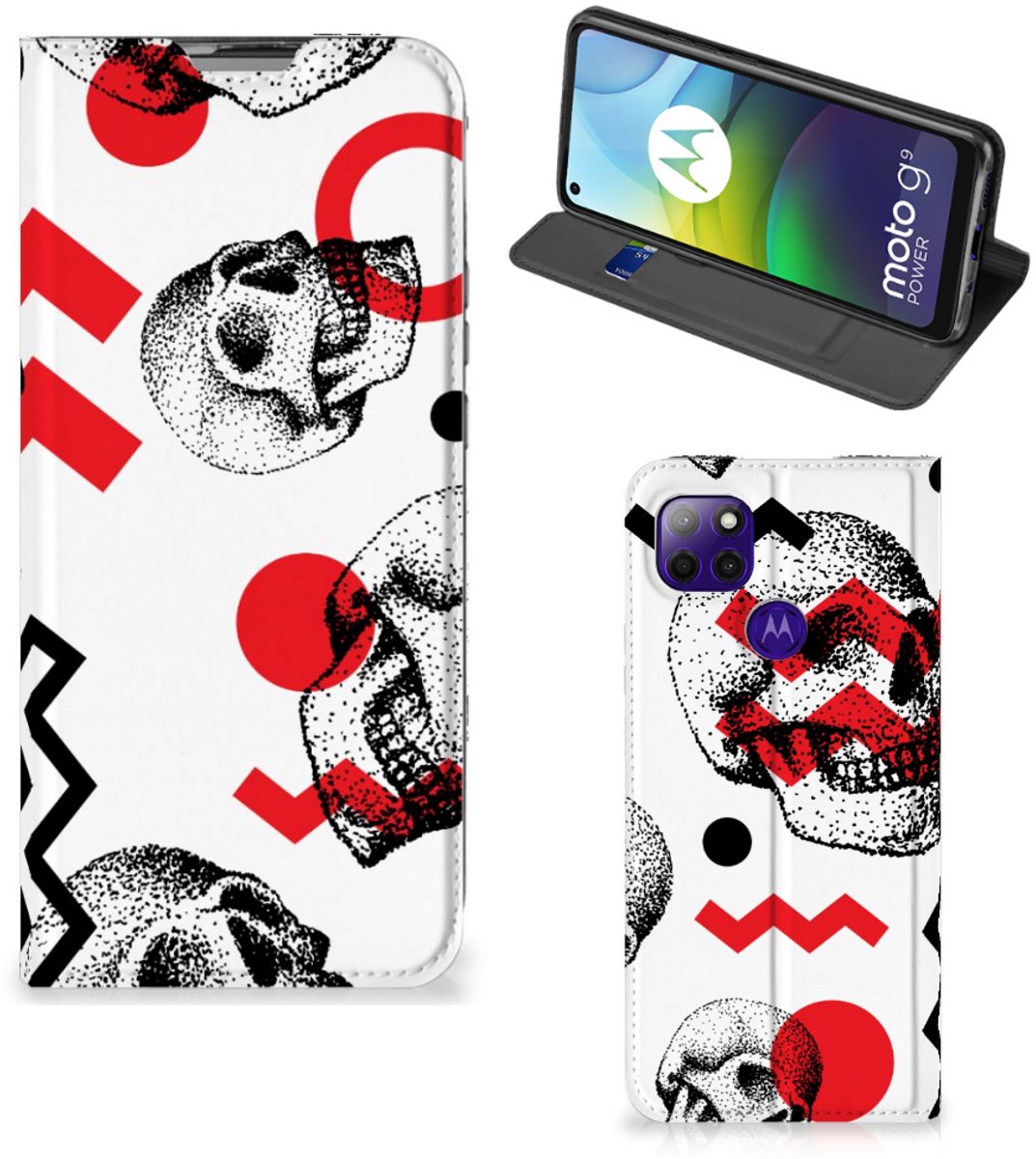 Mobiel BookCase Motorola Moto G9 Power Skull Red