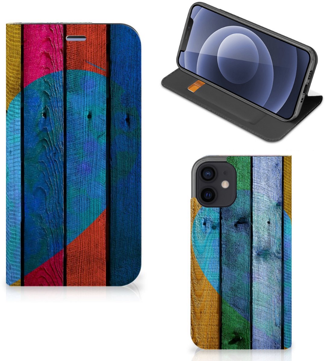 iPhone 12 Mini Book Wallet Case Wood Heart - Cadeau voor je Vriend