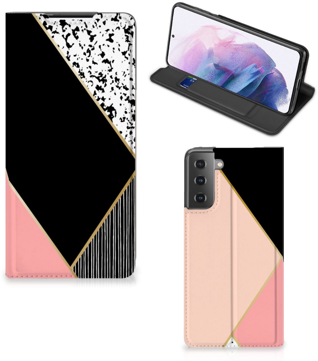 Samsung Galaxy S21 Plus Stand Case Zwart Roze Vormen