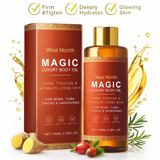 West Month Magic Luxe lichaamsolie, stevig & verstevigend, diep hydraterend, gloeiende huid. Voor billen, buik, dijen & oksels. Net 100ml.