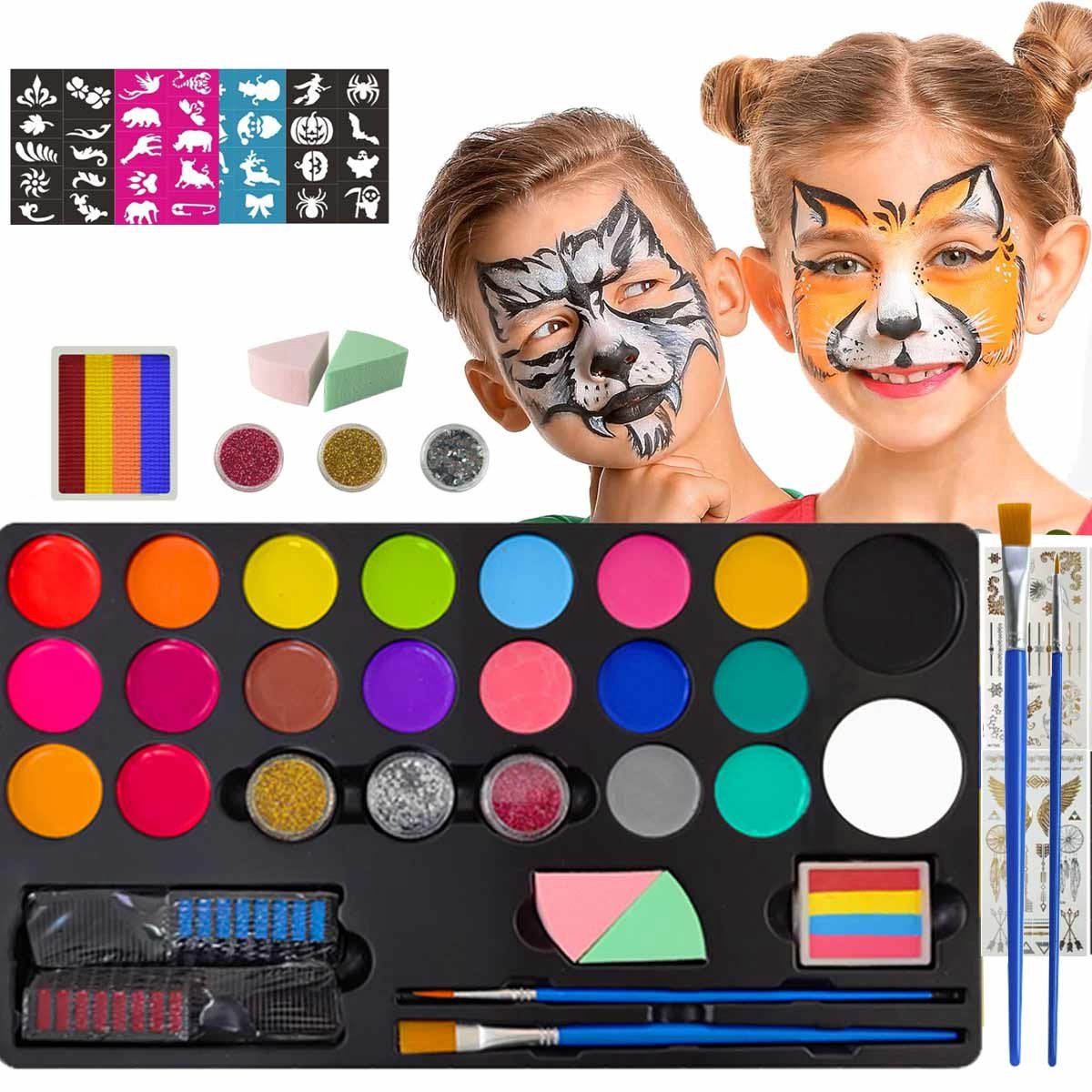 Meedeer Schminkset voor kinderen-20 kleuren-Make-up voor kinderen-Waterbasis-Met Penselen & Stencils-Kinderschmink-Afwasbare Face Paint voor Carnaval, Halloweenen