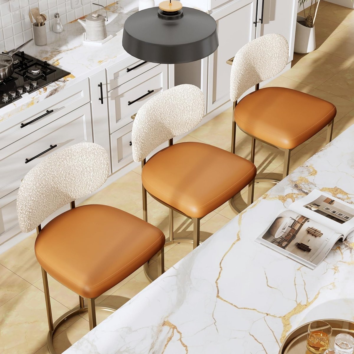 Barkruk Set van 2 45 x 45 x 88 cm – 63 cm Zithoogte Barstoelen met Rugleuning en Voetensteun – Industriële Keukenkrukken Metaal & Kunstleer Kurkuma– Urbanhome