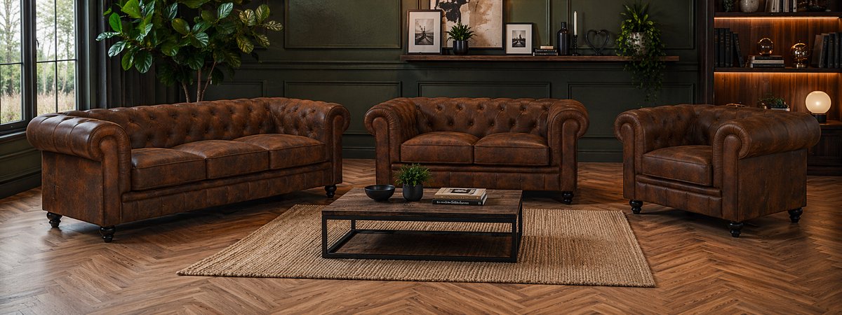 Chesterfield Banken 1-2-3 Zits - Vintage Bruin - Set - Bank - Sofa - Leer