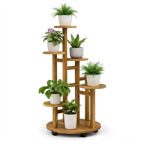 Étagère à plantes 6 étages avec roulettes – Porte-fleurs en bois pour 7 plantes – Mobile et économe d'espace