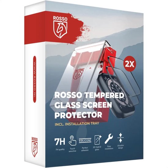 Verpakking van de Rosso Tempered Glass Screenprotector met een Apple Watch en installatietray.