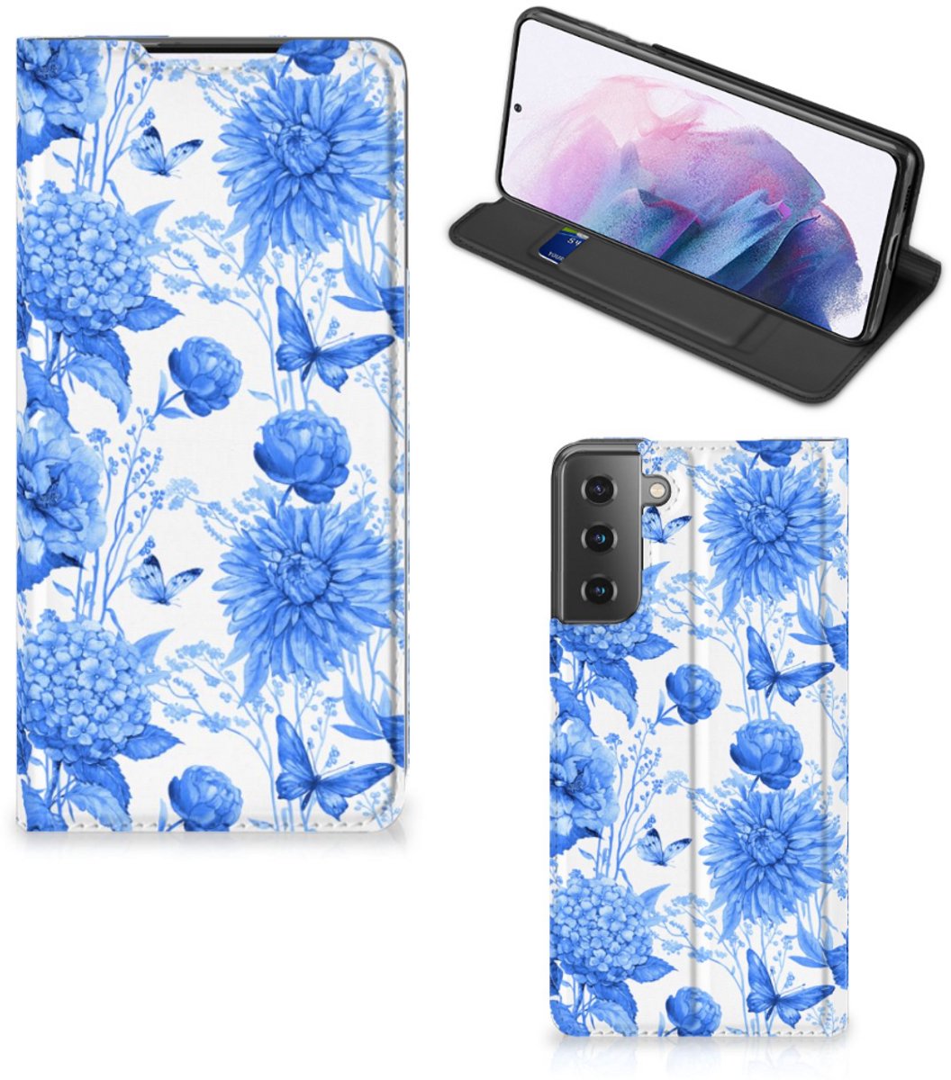 Standcase Hoesje voor Smart Cover voor Samsung Galaxy S21 Plus Flowers Blue