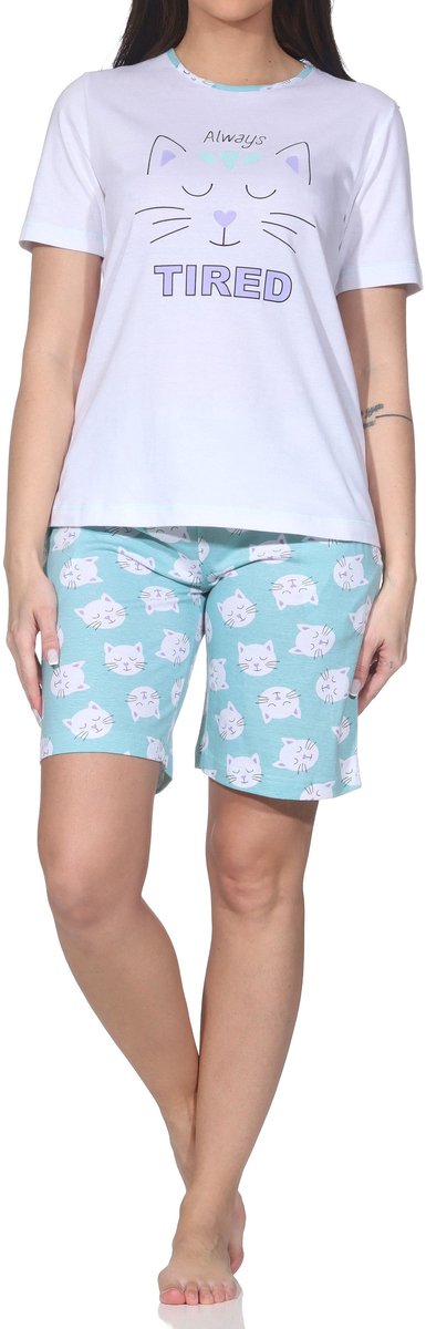 Normann dames pyjama shorty met korte mouwen pyjama met kattenmotief türkis