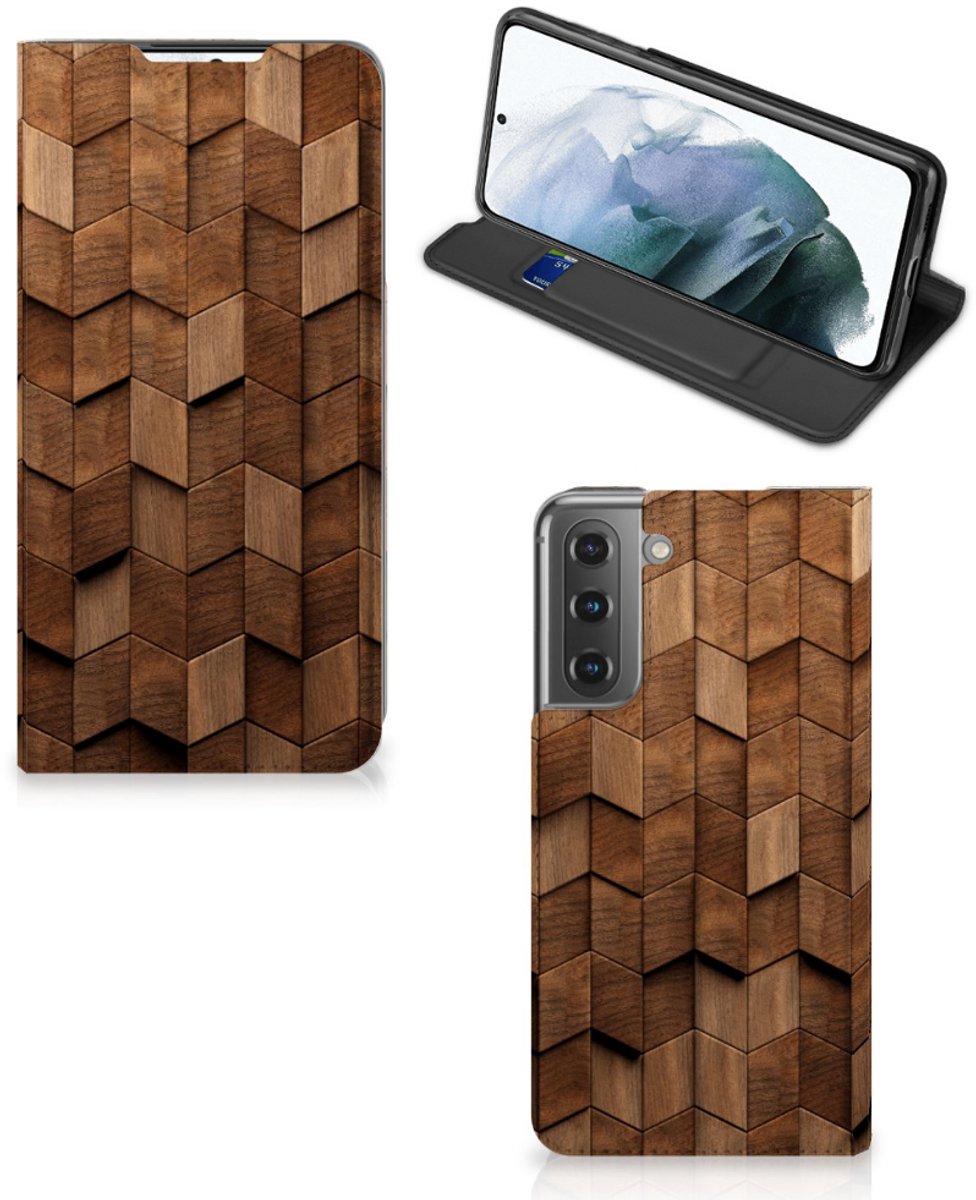 Book Wallet Case voor Samsung Galaxy S21 FE Wooden Cubes