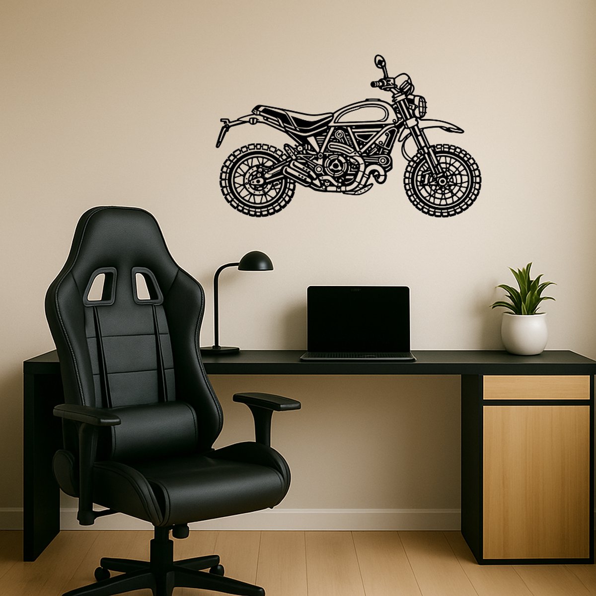 BR2Laser Ducati Scrambler Desert Sled – Wanddecoratie – Lasergesneden Hout – Motorkunst– 75 cm Breed