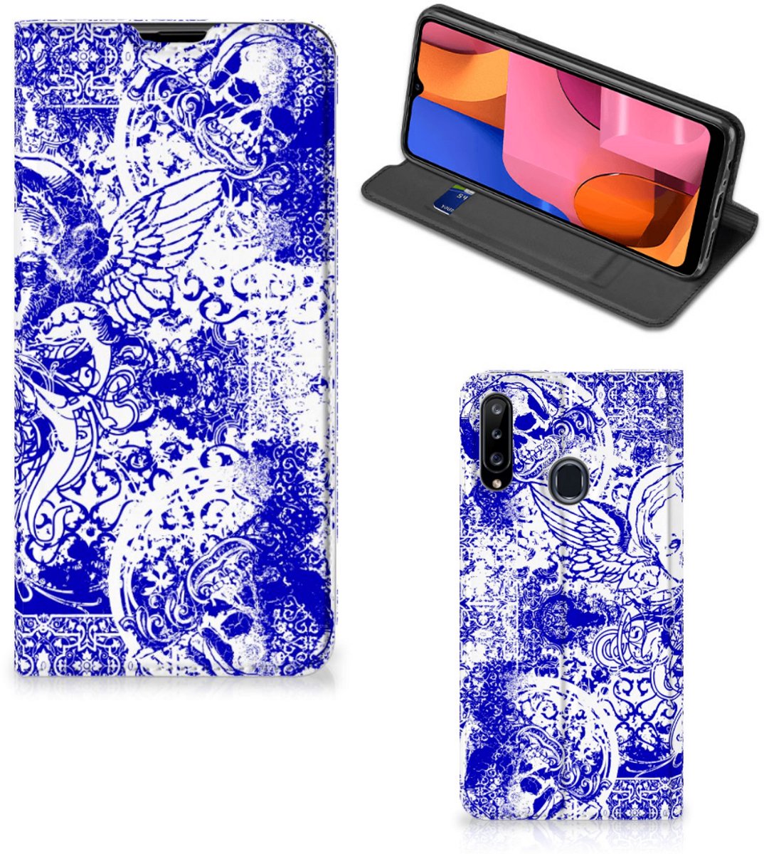 Mobiel BookCase Samsung Galaxy A20s Angel Skull Blauw