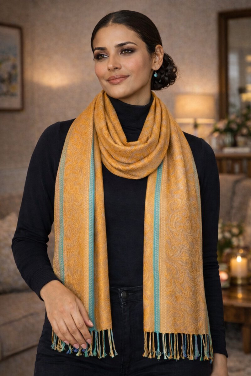 Pashmina Sjaal – Stijlvolle Sjaal Dames Zachte – Dames Sjaal met Paisley Motief – Twee‑Kleurige Elegante Herfst Winter Sjaal- Fashion Sjawl – Fijn geweven Pareo Omslagdoek 207/4- Brons met grijs turquoise details