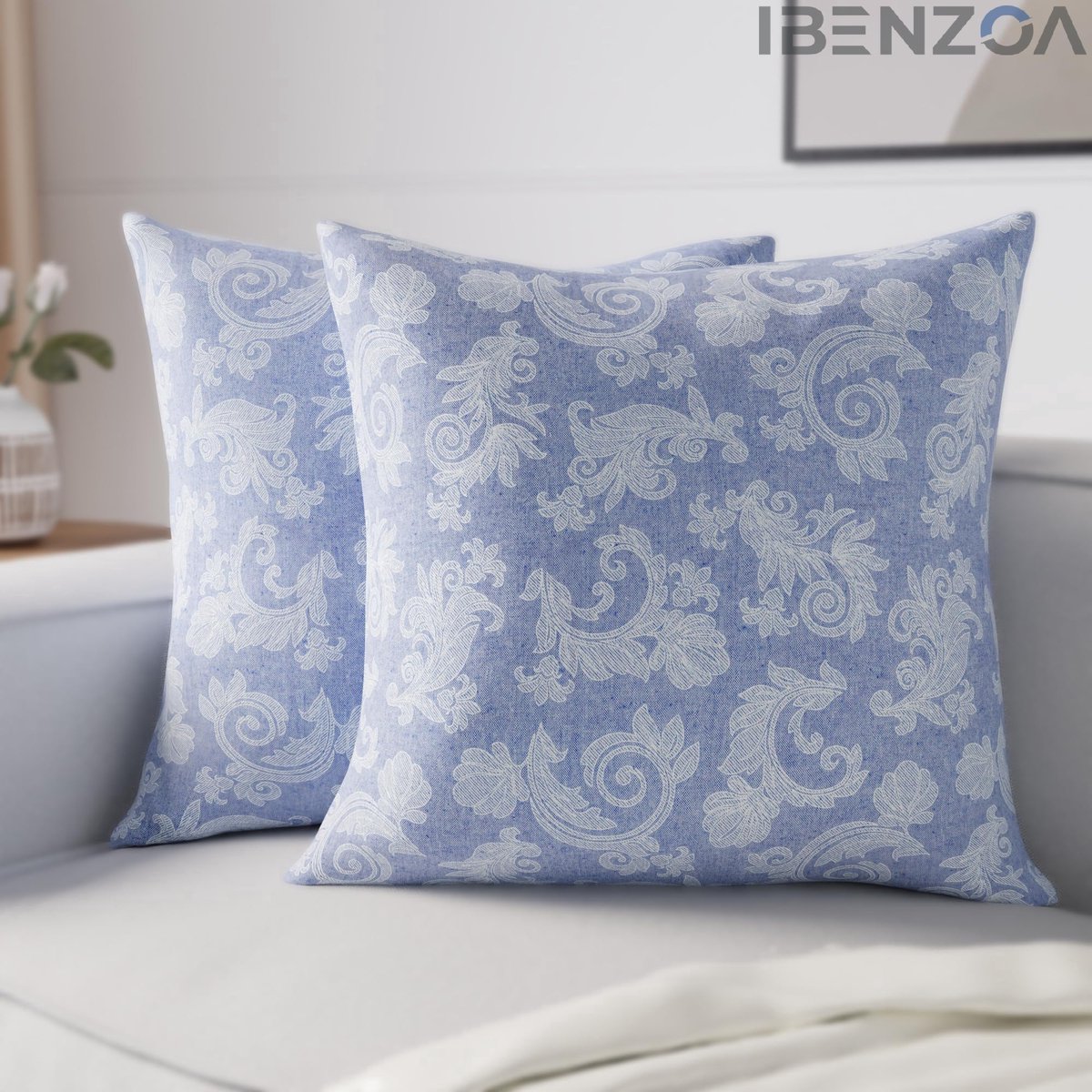 Ibenzoa Kussenhoes - Bloemenpatroon - 40x40 cm - Blauw - Chambray